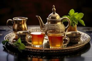 AI generated Traditional Moroccan tea set with decorative teapots, glasses, and mint leaves. Generative AI photo