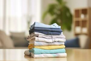 AI generated Stack of clean clothes on table in room. Generative AI photo