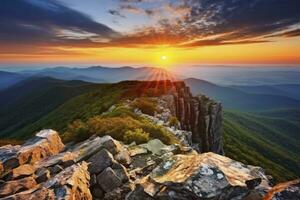 ai generado puesta de sol en pedregoso hombre montaña. ai generado foto