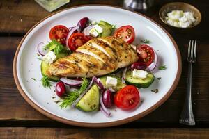 AI generated Seared chicken breast and Greek salad on a wooden table. Generative AI photo