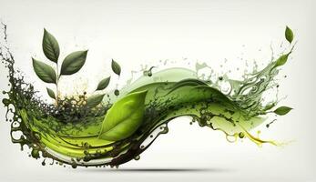 AI generated Green herbal tea wave splash with leaves flow. AI Generated photo