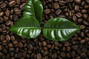 AI generated Green leaves with coffee beans as background. AI Generated photo