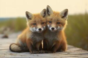 AI generated Wild baby red foxes cuddling at the beach. Generative AI photo