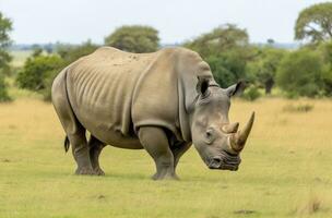 AI generated White Rhino grazing. AI Generated photo