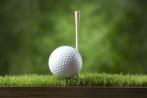 ai generado blanco golf pelota en de madera tee con césped. generativo ai foto