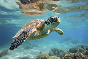 AI generated Green turtle at the seawater. AI Generated photo