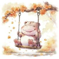 AI generated Cute happy baby rhino on swings in the tree in watercolor style. AI Generated photo