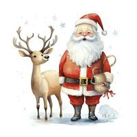 AI generated Cute Santa Claus standing with reindeer. AI Generated photo