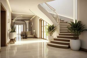 AI generated The interior design of the modern entrance hall with a staircase in the villa. AI Generated photo