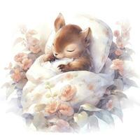 AI generated A sleepy baby squirrel in a bedding. watercolor illustration. AI Generated photo
