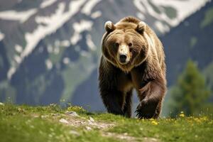 AI generated Brown bear moving on the green meadow in springtime nature. AI Generated photo