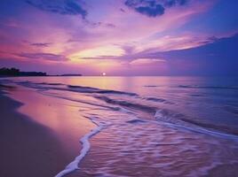 AI generated Summer beach with blue water and purple sky at the sunset.  AI Generated. photo