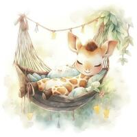 AI generated A sleepy baby giraffe in a hammock. watercolor illustration. AI Generated photo