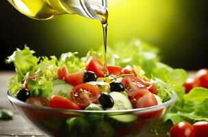 AI generated health benefits of healthy salad, in the style of precise detailing, smooth and shiny. AI Generated photo