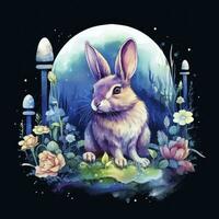 AI generated Watercolor Rabbit and Glowing Moon for T-shirt Design. AI Generated photo