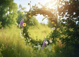 AI generated Rustic wildflowers wreath on a sunny meadow. Summer Solstice Day, Midsummer concept. Generative AI photo