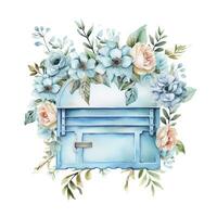 AI generated Watercolor light blue floral mailbox on a white background. AI Generated photo