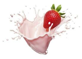 AI generated milk or yogurt splash with strawberries isolated on white background, 3d rendering. AI Generated photo