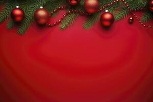 AI generated Christmas or New Year red background with fir decor. AI Generated photo