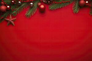 AI generated Christmas or New Year red background with fir decor. AI Generated photo