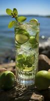 AI generated Stunning photo of cocktail mojito, a sunny summer beach in the background. Generative AI