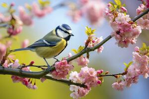 ai generado un bluetit pájaro descansando en el rama de un árbol. ai generado. foto