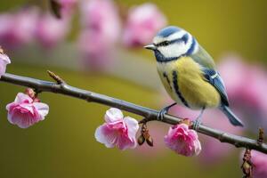 ai generado un bluetit pájaro descansando en el rama de un árbol. ai generado. foto