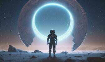 ai generado astronauta en frente de dimensional portal. ai generado. foto