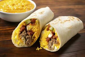 AI generated Breakfast burrito with sausage, eggs, hashbrown and cheese. AI Generated photo