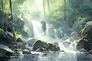 AI generated Watercolor scene of a cascading waterfall surrounded by rainforest. AI Generated. photo