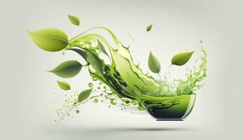 AI generated Green herbal tea wave splash with leaves flow. AI Generated photo