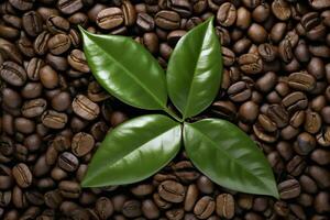 AI generated Green leaves with coffee beans as background. AI Generated photo