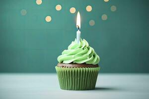 AI generated Happy Birthday Cupcake with Candle. AI Generated photo