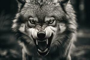 AI generated Greyscale closeup shot of an angry wolf with a blurred background. AI Generated photo