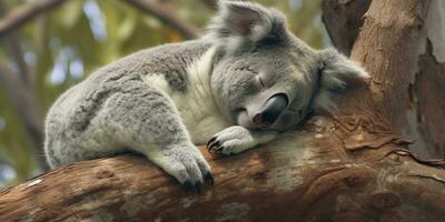 AI generated Koala asleep in tree. AI Generated photo