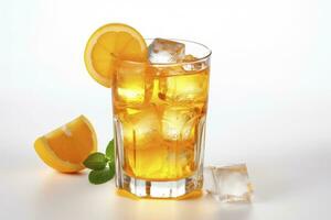 AI generated A glass of orange soda water with ice cubes on white background. AI Generated photo