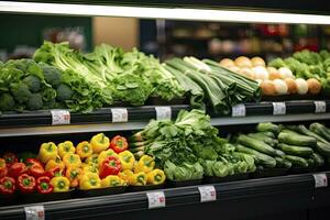 AI generated Fruits and vegetables on shop stand in supermarket grocery store. AI Generated photo