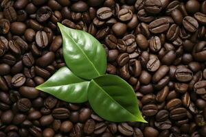 AI generated Green leaves with coffee beans as background. AI Generated photo