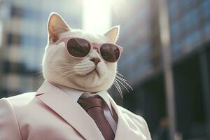 AI generated A cat is wearing sunglasses, suit and standing on street. AI Generated photo