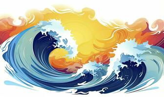 AI generated Ocean wave sun clouds, blue yellow abstract ocean wave. AI Generated. photo