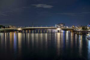 Evening view of the Deutz Bridge in Cologne, lights reflected in the Rhine photo