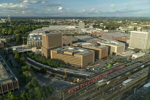 aerial view of Cologne Koelnmesse and railway tracks photo