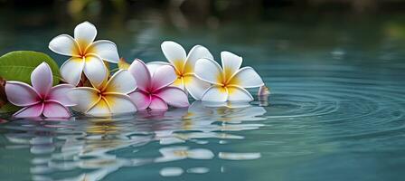 ai generado plumeria flores en verde hoja flotante en agua. un pacífico y sereno escena con un toque de naturaleza y belleza. ai generado foto