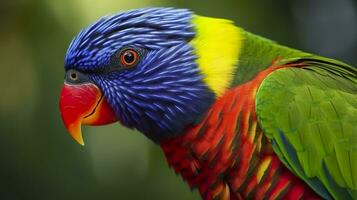 AI generated Side view Closeup of beautiful and colorful Lorikeet Green naped bird. Generative AI photo