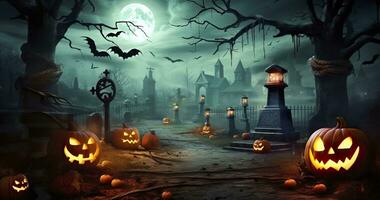 AI generated Pumpkins In Graveyard In The Spooky Night, Halloween Backdrop. Generative AI photo