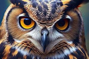 AI generated Owl headshot with closeup of face. Generative AI photo