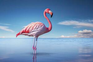 AI generated Pink Flamingo in the water. AI Generated photo