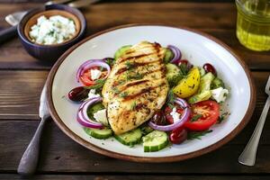 AI generated Seared chicken breast and Greek salad on a wooden table. Generative AI photo