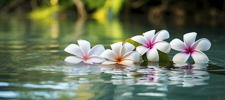 ai generado plumeria flores en verde hoja flotante en agua. un pacífico y sereno escena con un toque de naturaleza y belleza. ai generado foto