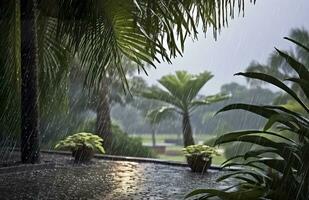 ai generado lluvia en el zona tropical durante el bajo temporada o monzón estación. gotas de lluvia en un jardín. generativo ai foto